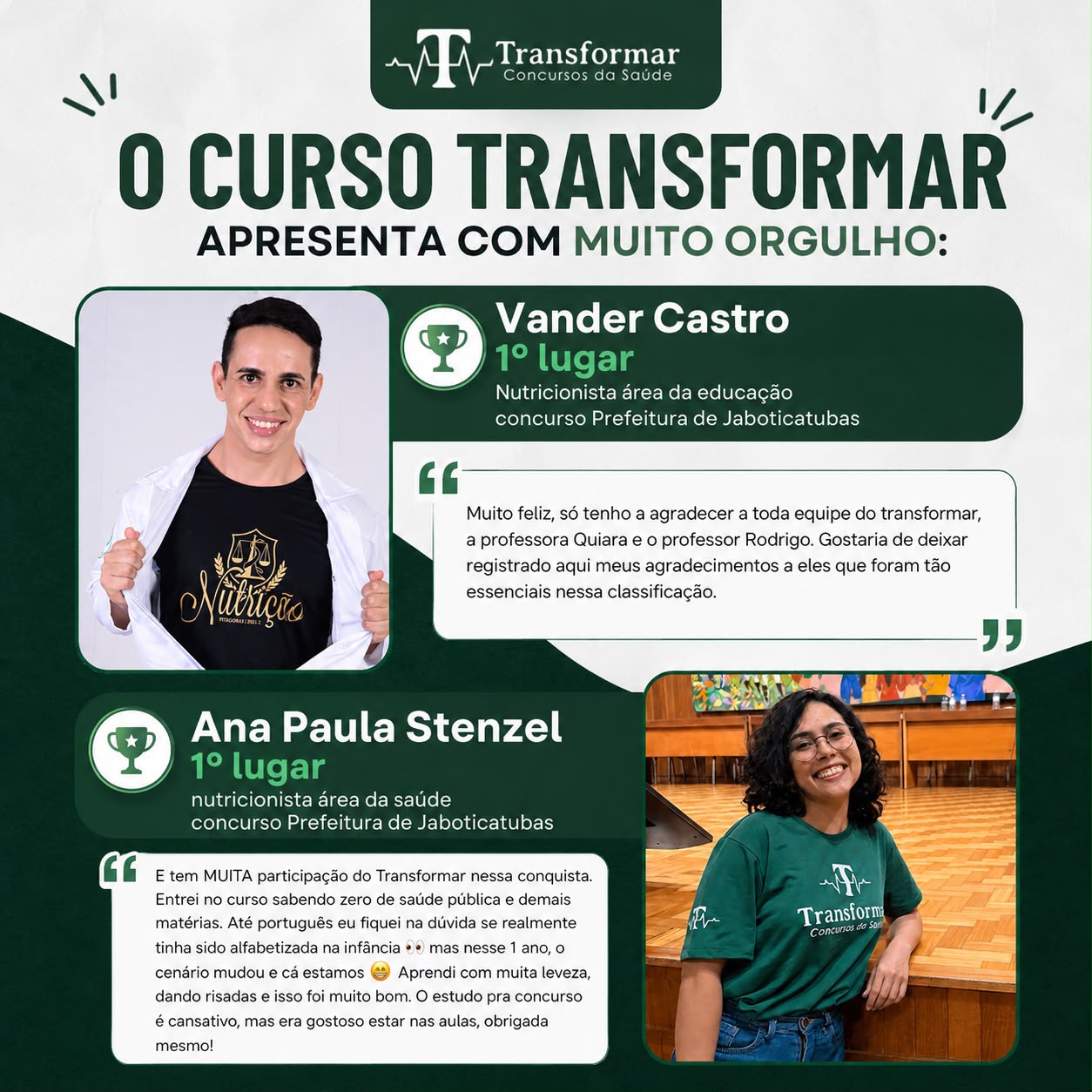Depoimentos de Vander Castro e Ana Paula Stenzel, ambos 1º lugar em Nutrição no concurso da Prefeitura de Jaboticatubas